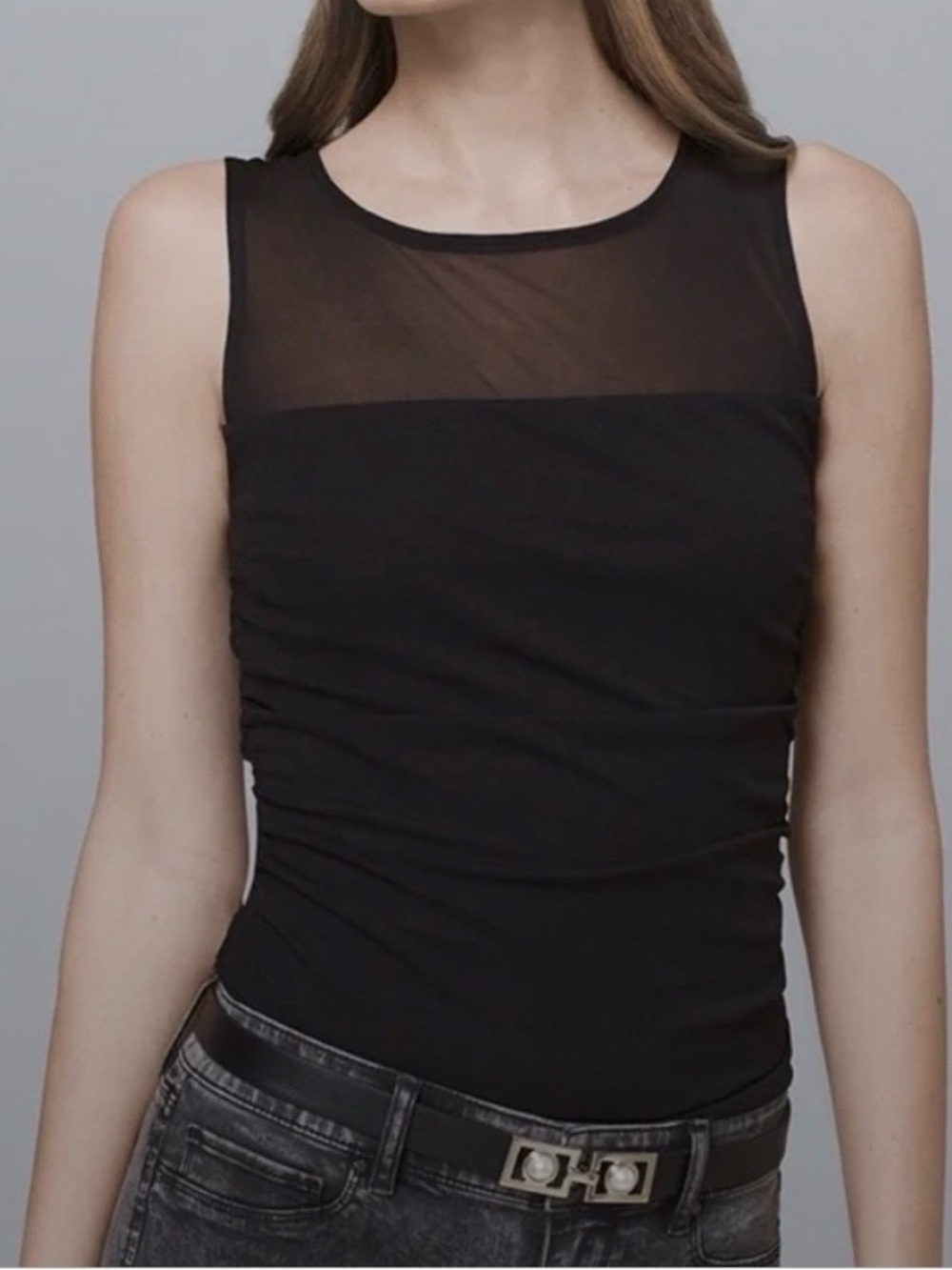 Black Sleeveless Top with a Sheer Mesh Neckline by WHBM - Size Large